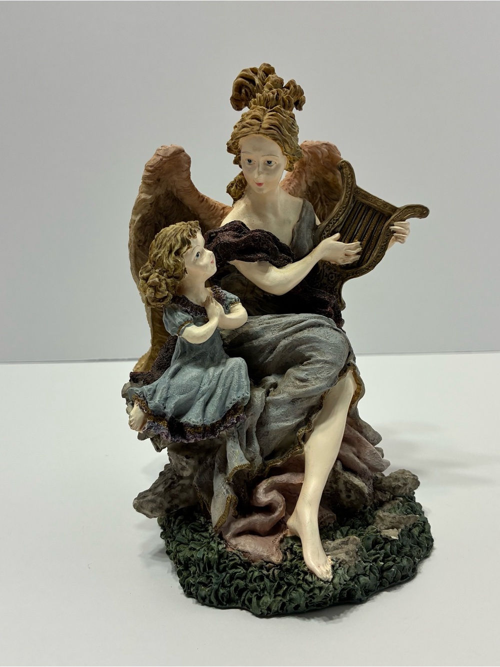 Angel Playing Harp w/ Child Resin Figurine Sitting on Rocks 6” x 4” x 4”